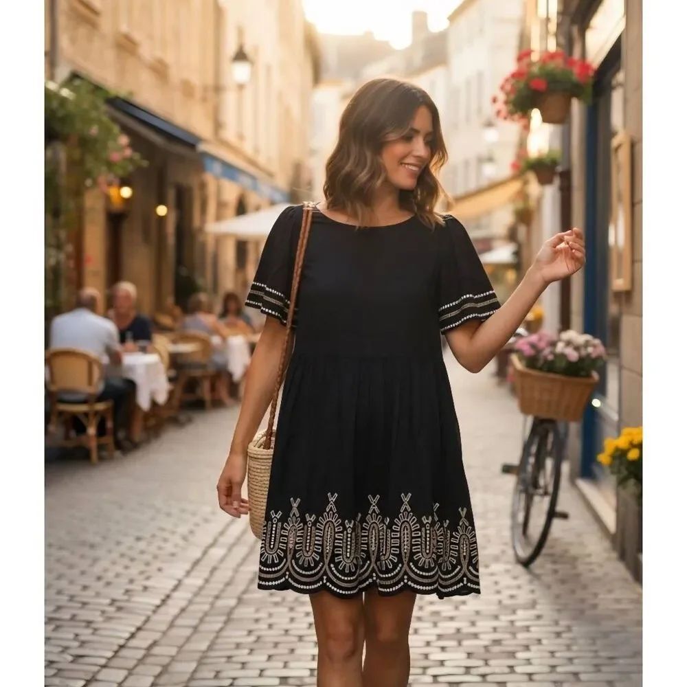 Madewell Black Embroidered Eyelet Puff-Sleeve Mini Dress, Round Neck, NWOT, M